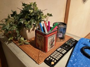 カウンターの柄に置かれたペン立て、テレビのリモコン、小さな観葉植物。